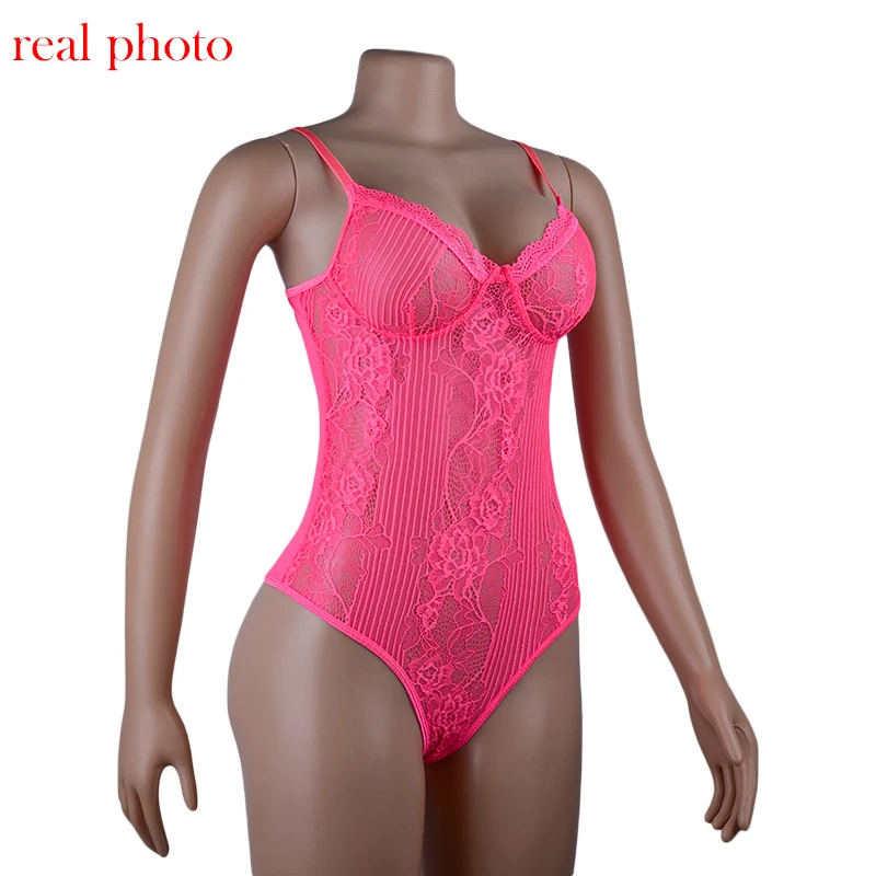 Ellolace Neon Pink Lace Mesh Bodysuit Women Sexy Transparent Summer Backless Bodycon Overalls Female New Slim Black Bodys