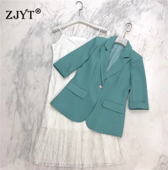 

Elegant Office Lady Dress Summer Clothes for Women 2020 New Designers Fashion Turn Down Collar Blazer Suit Strap Lace Dress 2pcs