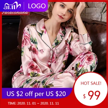 

2020autumn and Winter Rose Printed Silk Pajamas Women's Mulberry Silk Long-Sleeved Homewear Women's Suit