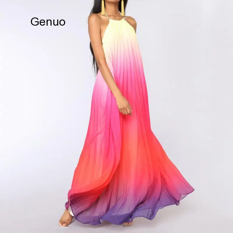Sexy Dress Tie Dye Dress Vestido De Festa Longo 2020 Women's Sexy Fashion Halter Beach Dress Hanging Neck Chiffon Dress Robe