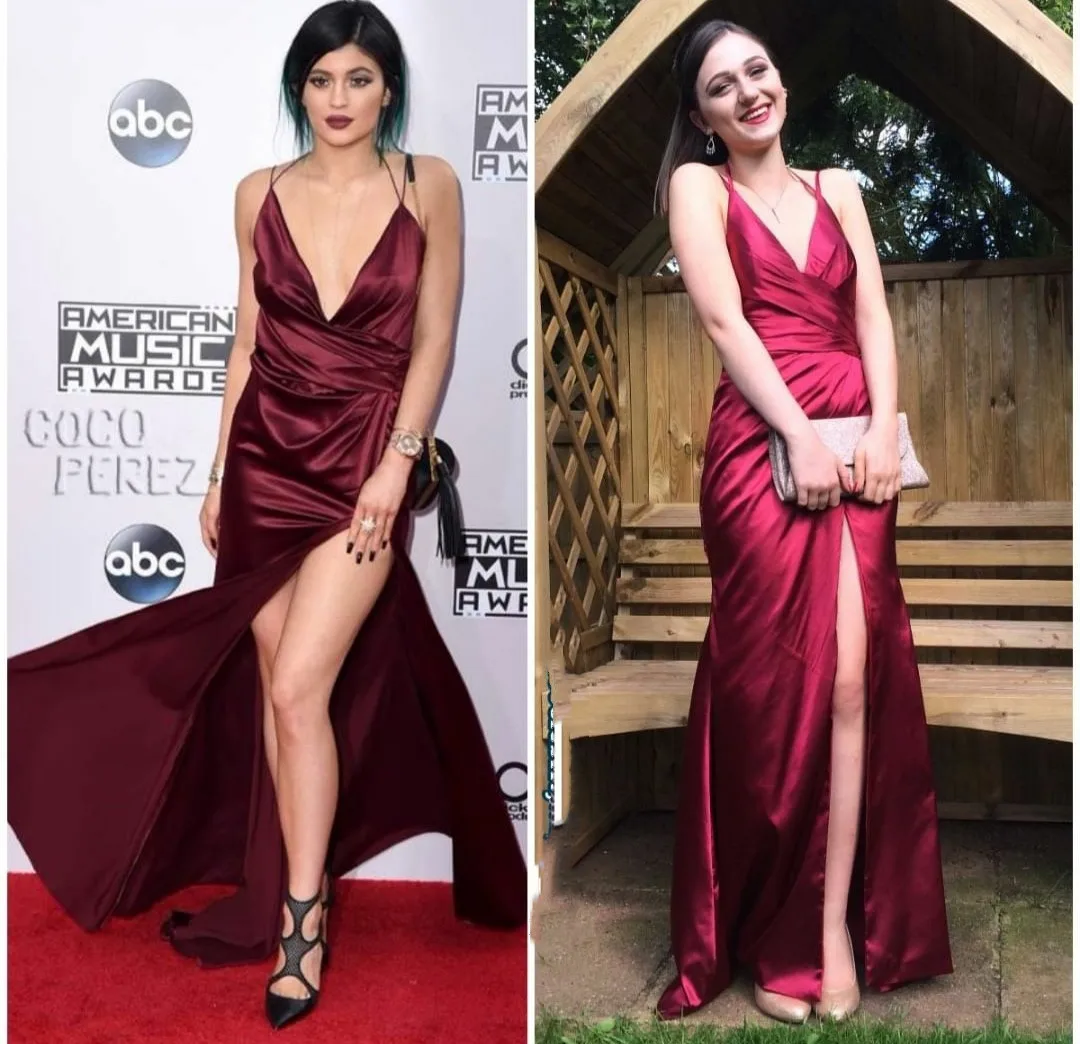

Sexy Long V-Neck Burgundy Celebrity Dresses with Slit Satin Pleated Spaghetti Abendkleider Robes de Soirée for Women