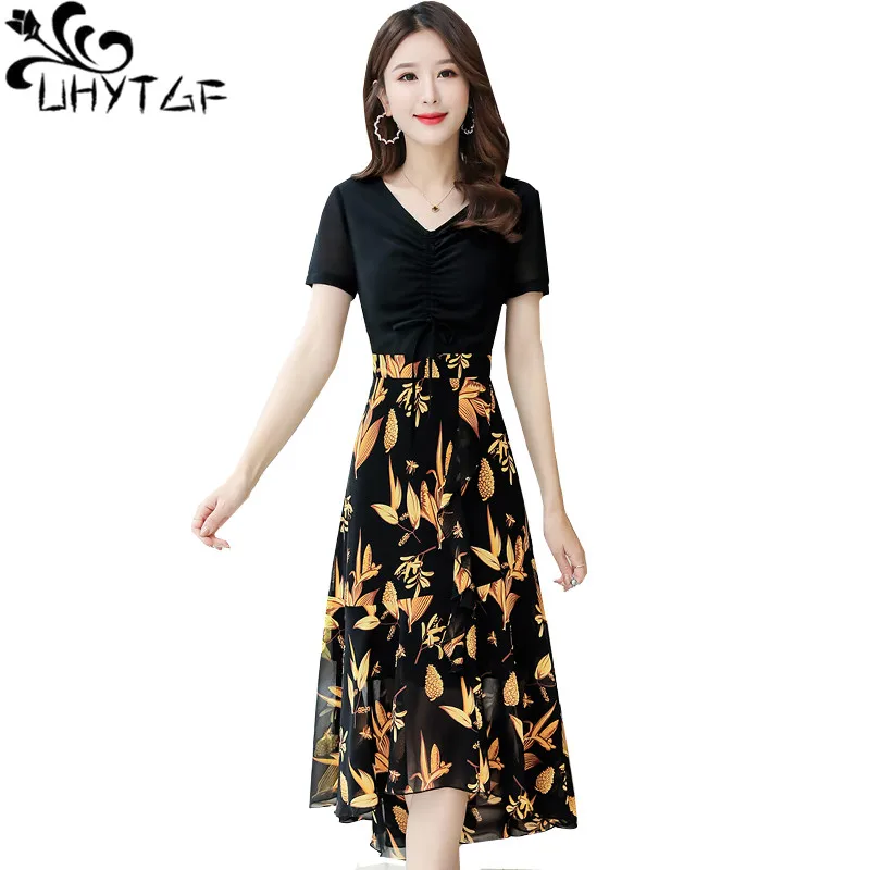 

UHYTGF Summer Dress 2022 Fashion Chiffon fake two elegant dresses women Short sleeve printed V-neck bohemian dress Big size 935