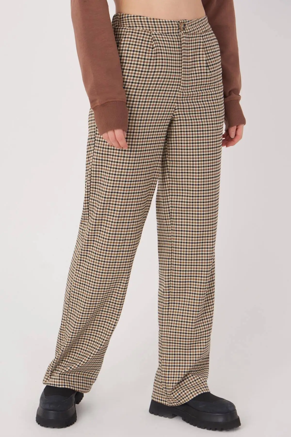 Women's Brown Plaid Pant Stylish casual With Pocket|Pants & Capris 