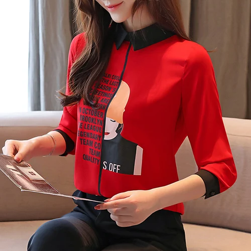 Офисная одежда с буквенным принтом рубашка женская Осенняя мода корейский длинный рукав отложной воротник плюс размер женские топы и блузки - Цвет: red