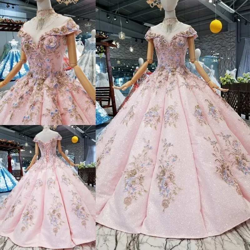 

Hot Wedding Cap Sheelveless Back With Button Beading Sequined Appliqued Ball Gown Pink Wedding Dress Original Design