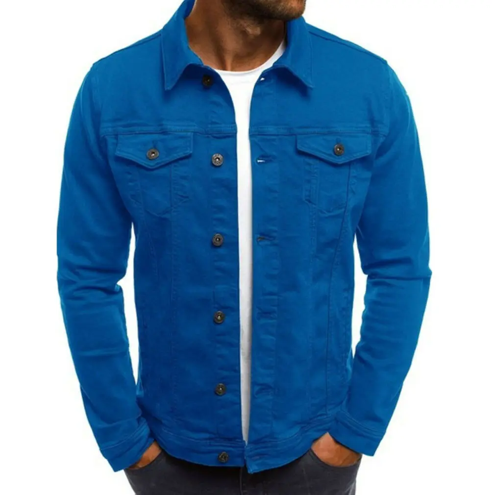 Новые мужские джинсы куртка Slim Fit карманами на пуговицах куртка Для мужчин комплект для мальчиков осенний шерстяной классическое, ретро, винтажное цвет: черный, синий мыть пальто - Цвет: Синий