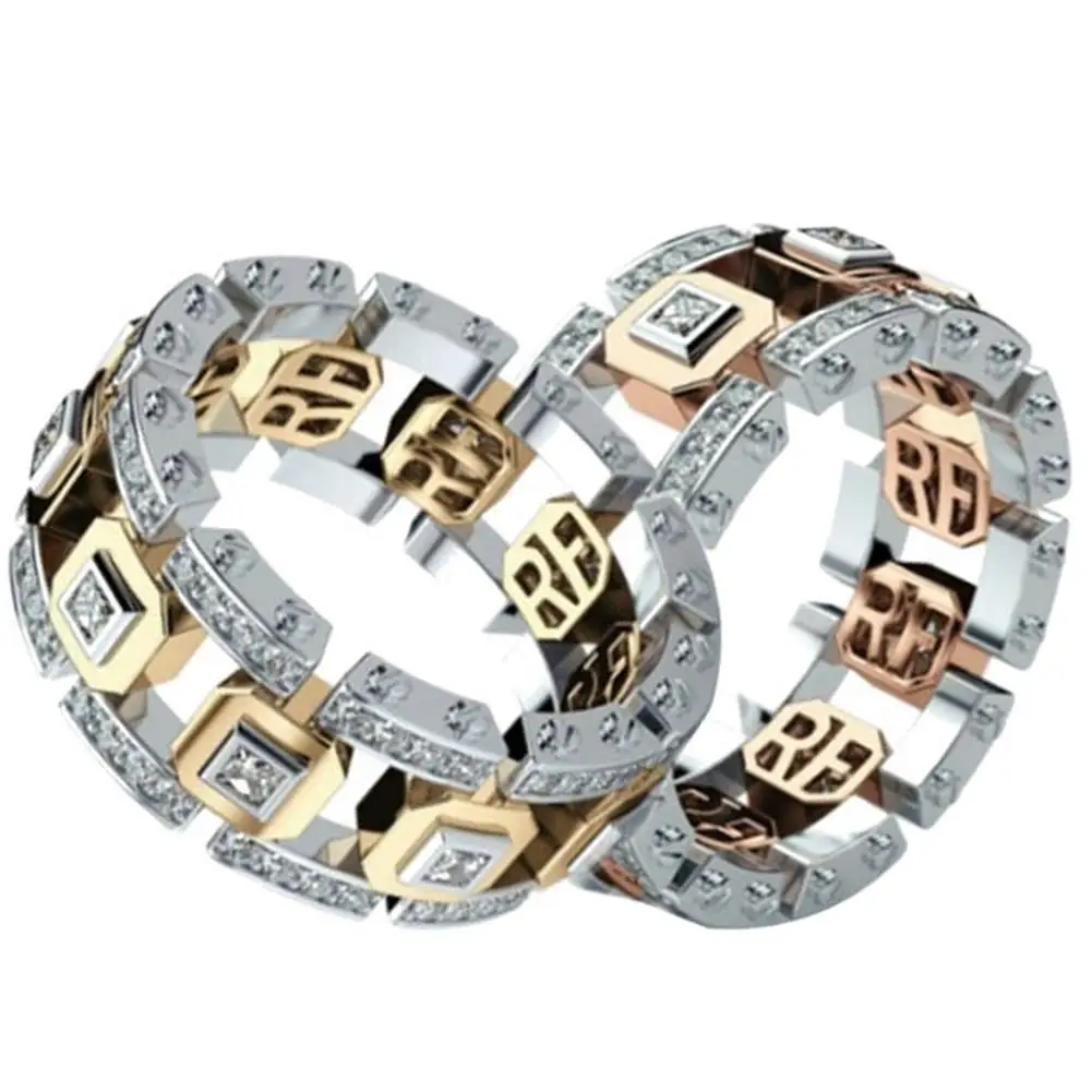 Новые Мужские Женские Двухцветные блестящие стразы обручальное кольцо на палец Свадебные ювелирные изделия для влюбленных пар модные большие кольца из розового золота размер 6-10