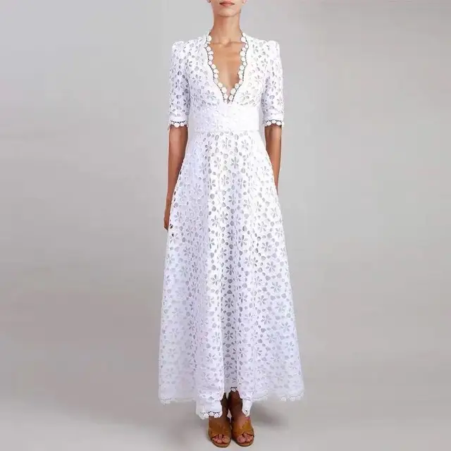 IVY HE Elegant White Maxi Dress For Women V Neck Half Sleeve High Waist Hollow Out Slim Dresses Women New Style Fashion Traf ZA 2