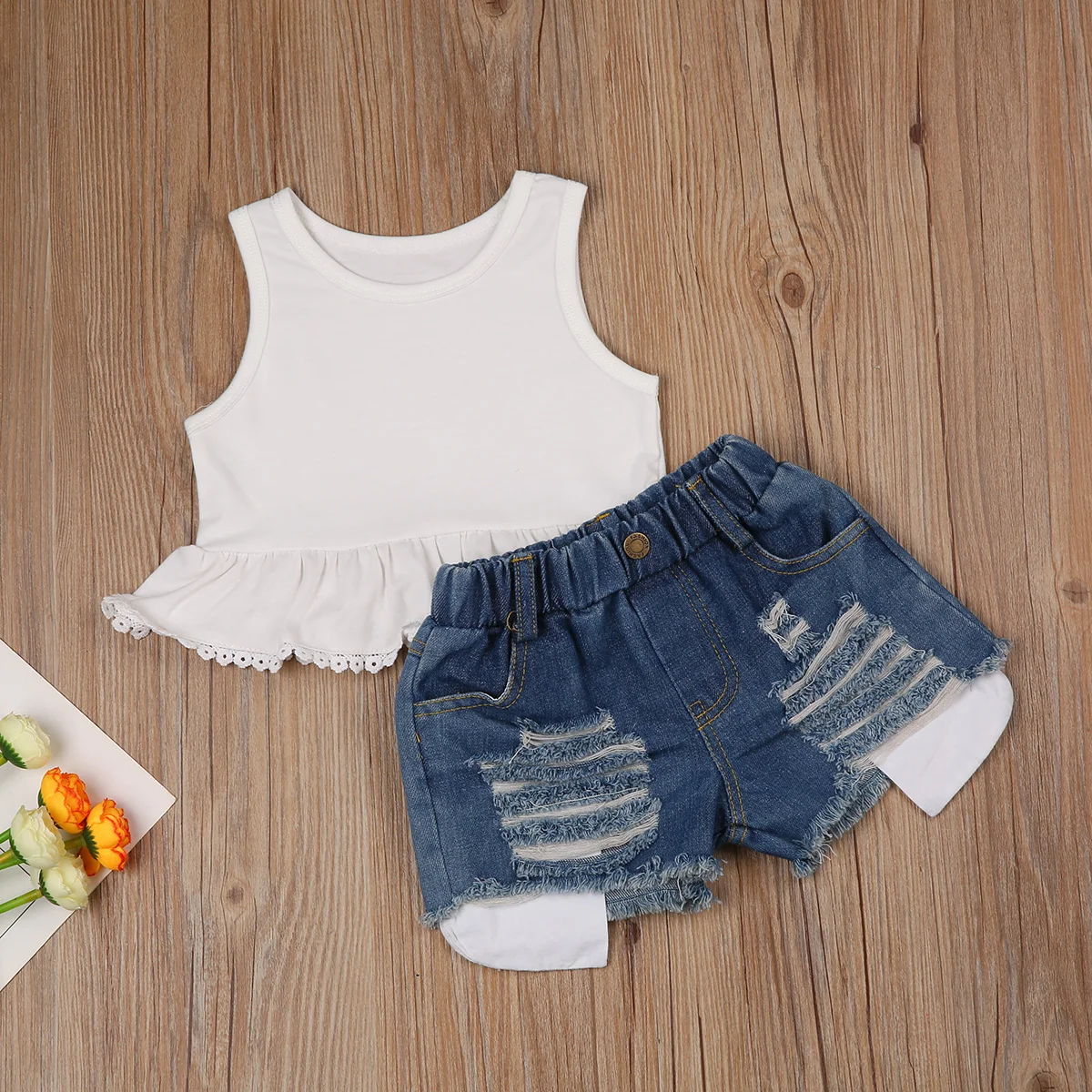 

2020 New Children Baby Girls 2PCS Set Clothing Sleeveless Dress Shirt Tops Ripped Jeans Shorts Outfits For Summer 1-6Years Girls