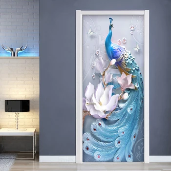 

PVC Self-Adhesive Waterproof Door Sticker 3D Embossed Blue Peacock Photo Wall Mural Living Room Bedroom Home Decor Wallpaper 3 D