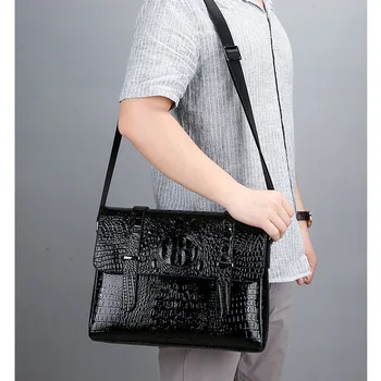 

Fashion Men Crossbody Bag Crocodile Pattern Business Shoulder Briefcase Waxy Leather Messenger Bag Solid Color Male Sling Bag