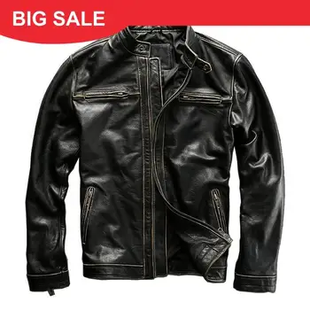 

2020 Vintage Black Men Slim Fit Biker's Leather Jacket Large Size XXXL Genuine Cowhide Autumn American Motorcycle Leather Coat