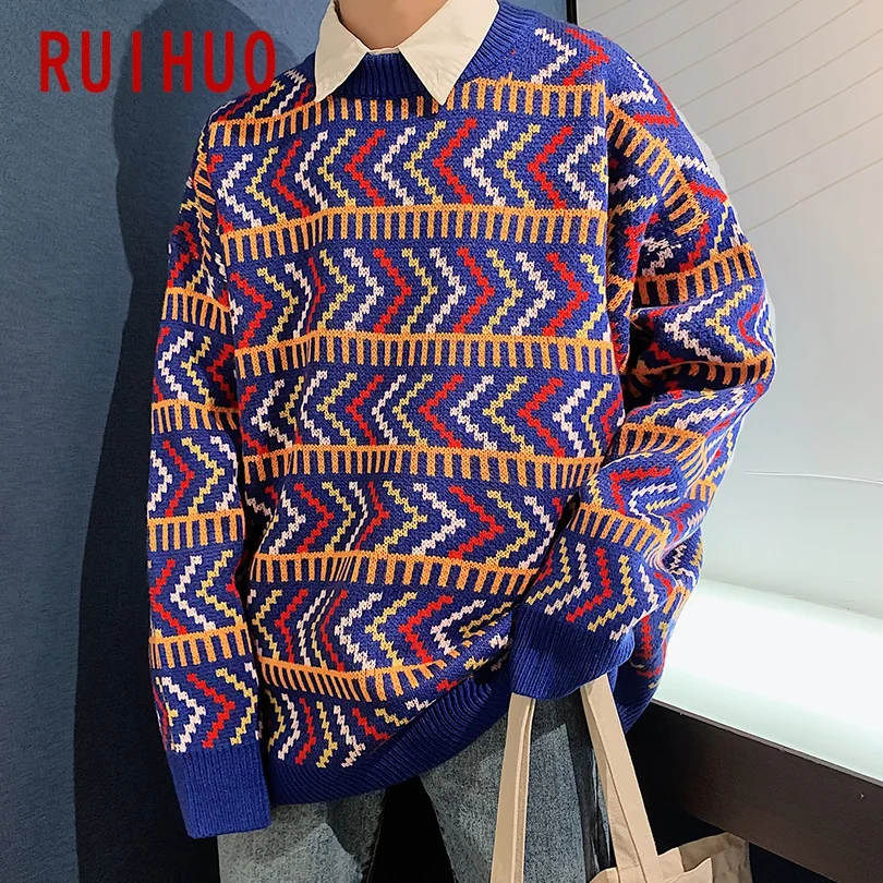 RUIHUO, новинка, Осень-зима, полосатый Повседневный свитер для мужчин, толстый вязаный пуловер для мужчин, модный бренд, мужские свитера, Вязанная одежда, M-2XL