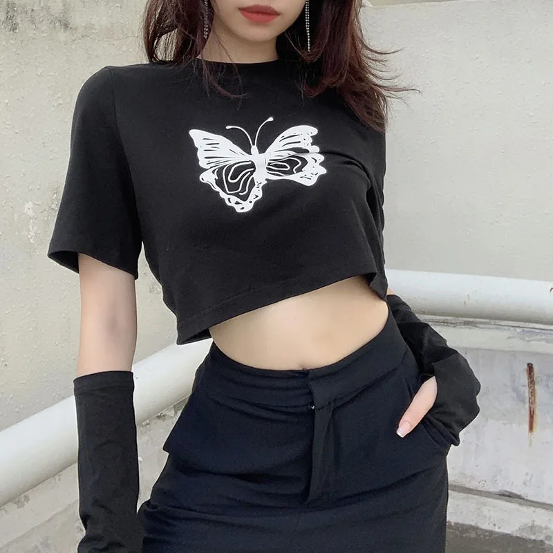 Black Goth Cool Women T-shirt Hipster Basic Tshirt O Neck Top Print Short-length Outsleeve Casual 2020 Summer Lady Gothic