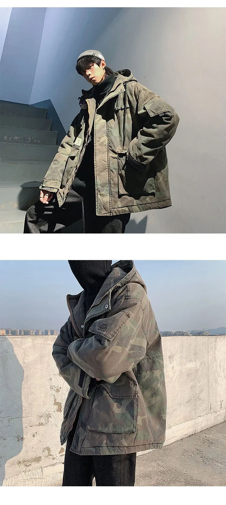 Winter New Camo Jacket Men's Warm Thick Fashion Parka Men Multi-pocket Tooling Jacket Man Wild Loose Cotton Hooded Coat Male