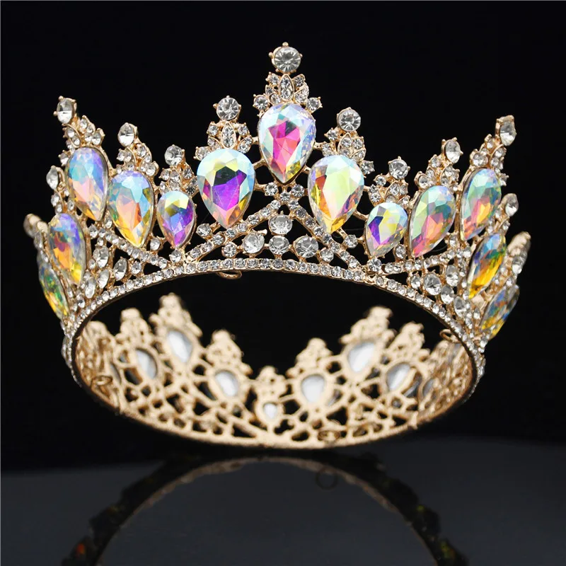 Gold AB Crystal Хрустальные диадемы в стиле барокко, круглая свадебная корона, королевская диадема, маскарадная диадема, корона для невесты, ювелирные изделия для волос, аксессуары - Окраска металла: Gold AB Crystal