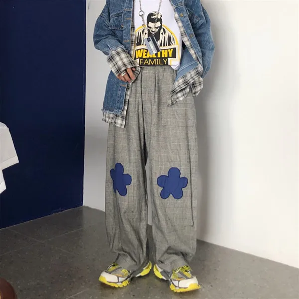 RUGOD Винтаж Harajuku клетчатые брюки женские вышитые цветы свободные брюки повседневные хлопковые брюки повседневные женские хлопковые брюки - Цвет: Серый