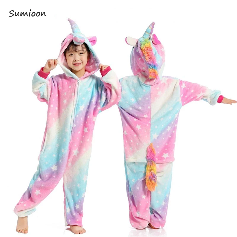 Зимние Детские пижамы для девочек и мальчиков; Детский комбинезон; детский пижамный комплект; одежда для сна с рисунками животных; одежда для сна с вышивкой панды, единорога, кигуруми; Косплей - Цвет: Pink star Unicorn