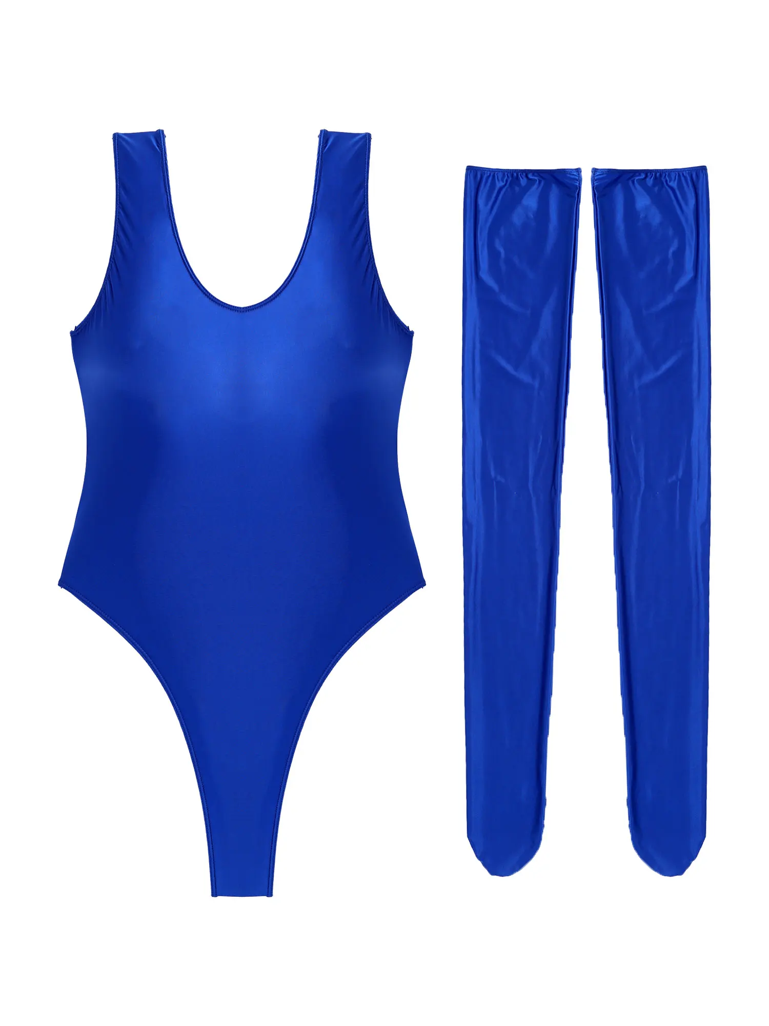 Fashion (A-Royal Blue)Womens Glossy High Cut Bodysuit Oil Shiny