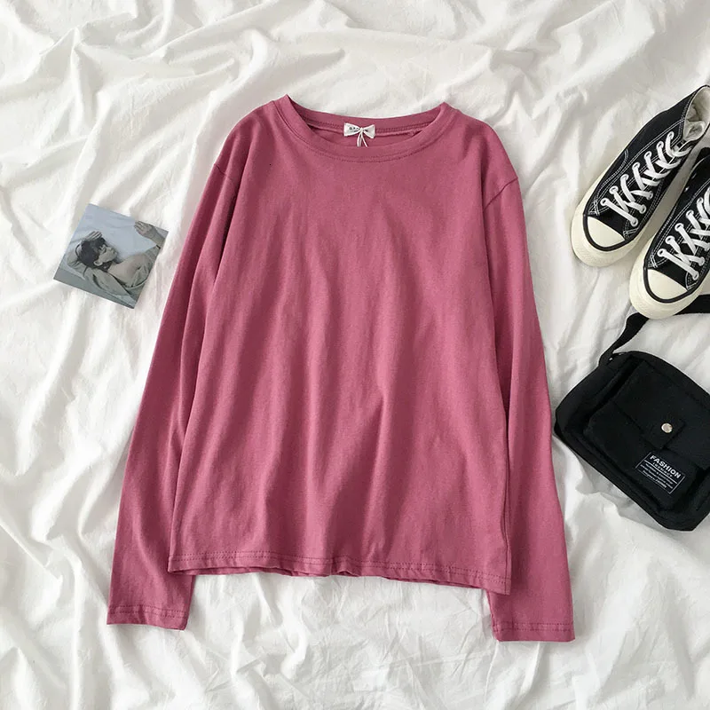 Осенняя хлопковая Повседневная футболка Для женщин модные однотонные большого размера, с длинным рукавом пуловер женский синий/зеленый/розовый Топы топы, футболки - Цвет: roseo