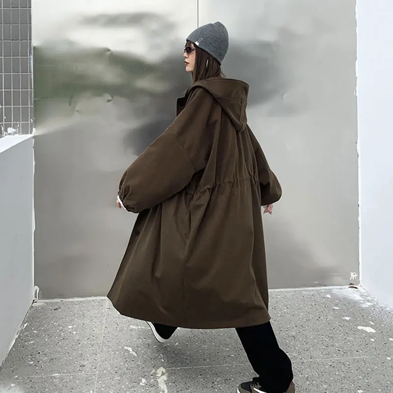 XITAO Plus Size Trench Women Fashion New Pleated Hooded Collar Full Sleeve Single Breast Casual Style Minority Coat ZY1694