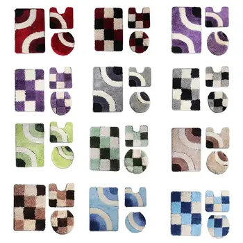 

3 Piece European Geometric Plaid Bathroom Rug Set Flocking Water Absorbent Bath Mat Non-Slip U Shaped Contour Carpet Toilet Seat