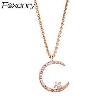 

Foxanry 925 Sterling Silver Sparkling Moon Stars Zircon Necklace for Women New Trendy Elegant Wedding Bride Jewelry Gifts