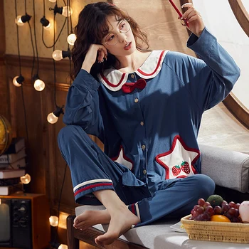 

Autumn New Cartoon Sleepwear Long Sleeve Pajamas For Women Cotton Home Suits Casual Style Nightwear Plus Size