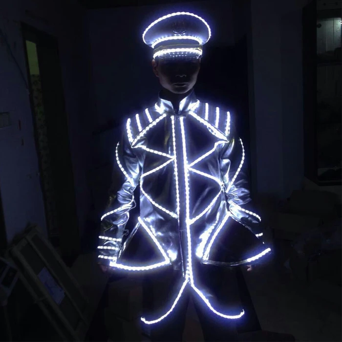 

nightclub male performance bar led armor hat White led lumious coat cap Glowing clothes flashing ktv service costume