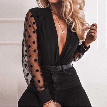 

2020 Sexy Tops and Shirt Long Sleeve Women Shirt Fashion Sexy Polka Dot Mesh See Through Bow Low Cut Long Sleeve Women Blouse