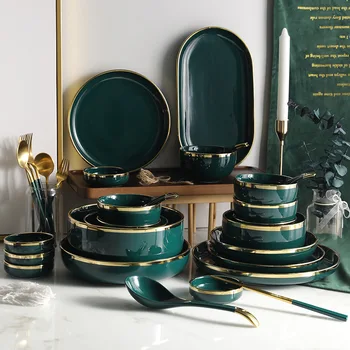 

Green Ceramic Gold Inlay Plate Steak Food Plate Nordic Style Tableware Bowl Ins Dinner Dish High End Porcelain Hotel Dinnerware