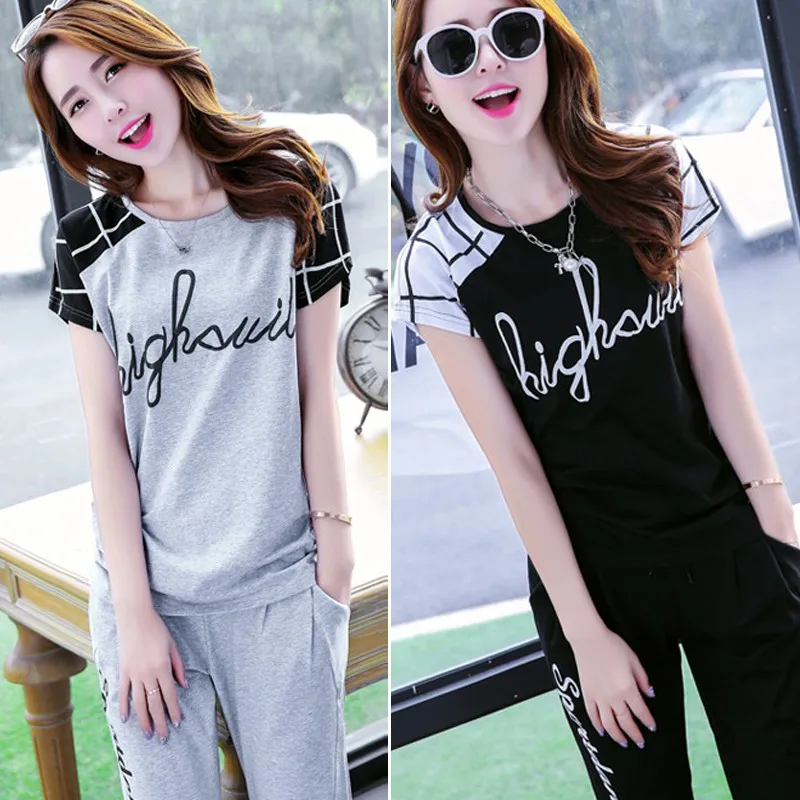 

Two pcs/set Women's Fashion Casual Summer Sports Suits Tracksuit Letter Print T-Shirt And Calf-Length Elastic Waist Pants