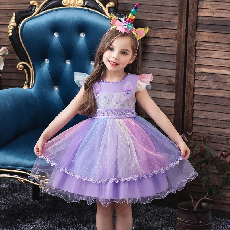 2020 Toddller Kids Unicorn Dresses for Baby Girls Dress Pink Rainbow Birthday Party Princess Dress Purple Costume Pageant Outfit (13)