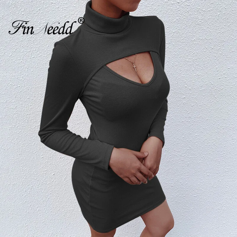 

2019 Winter Dress Ladies Streetwear Keep Warm Basic Dresses Long Sleeve Hollow Out Turtleneck Sexy Party Dress Evening Vestidos