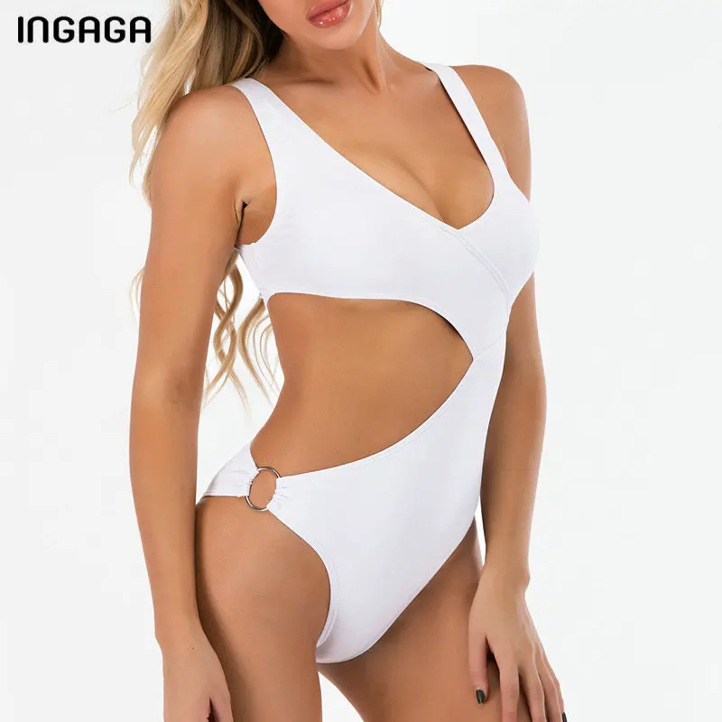 

INGAGA Sexy Cut Out Swimwear Women High Cut Swimsuit One Piece Push Up Monokini 2020 New Solid Patchwork Bodysuit Bathing Suit