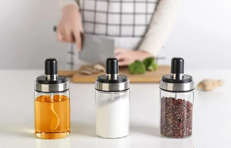 Новые прозрачные стеклянные банки для специй бутылка приправы с ложкой соль и перец шейкеры сахарный контейнер кухонная утварь поставки