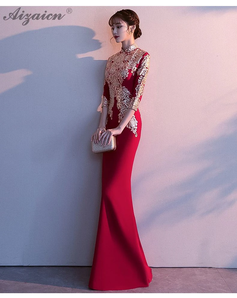 Модная Русалка длинное Cheongsam красное современное свадебное винтажное платье Qi Pao женское традиционное китайское вечернее китайское платье-Ципао акция
