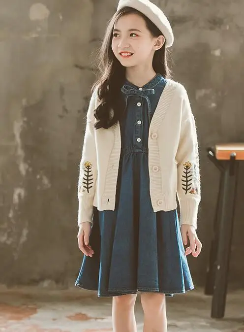 Girl Suit Autumn Dress New Korean Edition Middle-sized and Big Children's Denim Dress Super Westernized Two-piece Fashion S - Цвет: a