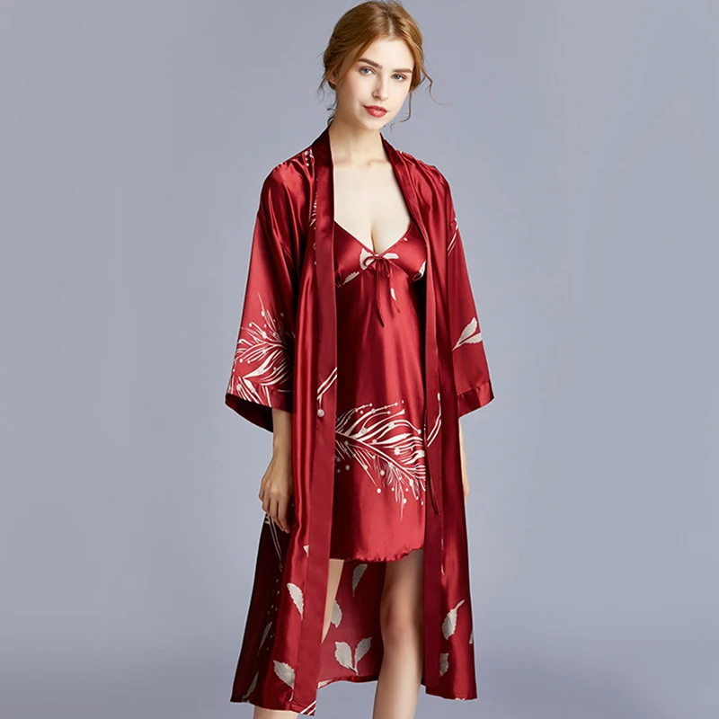 Sexy Print Female Robe Set 2 PCS Satin Rayon Bathrobe Women Kimono Bath Gown Casual Sleepwear Nightwear Bridesmaid Robes Suit