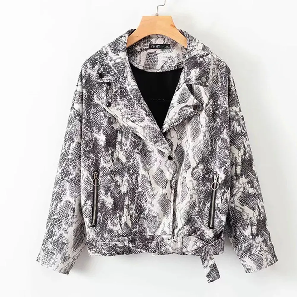 

Autumn Winter Coat Women Snake Print Baseball Blouse zipper Lapel acket Casual Street Clothes Warm Coats Jacket Elegant 19AUG13