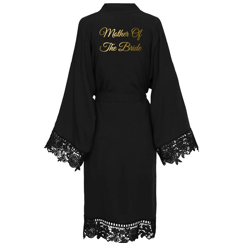 Black Mother Bride YUXINBRIDAL новое черное однотонное хлопковое кимоно, халаты с кружевом, женское свадебное платье, халат, одежда для сна, белое золото, принт - Цвет: Black Mother Bride