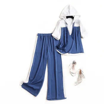 

Women lounge wear summer 2020 color block hoodie hoodies tops + sweatpants long pants two piece set blue
