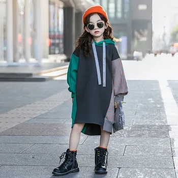 

Hooded Patchwork Fleece Hoodies Kids Loose Tops Clothes Winter 2019 Long Straight Dresses Sweatshirts Teenage Girls Cotton Dress