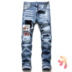 Dsq pantalones vaqueros rasgados con patrón bordado, Jeans DSQ2 de alta gama, a la moda, para hombre