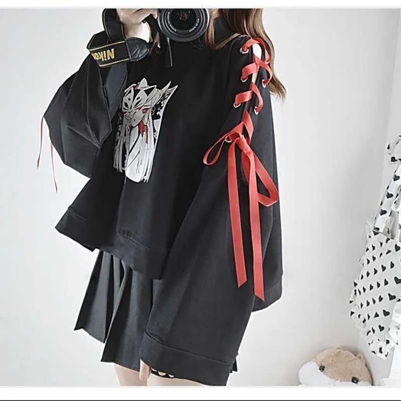 

Japanese Lolita sweatshirt women Vintage Harajuku Anime Fox Print Lace-up Long Sleeve Hoodie Shirts Dark Girl Punk Street Tops