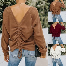 Novo pulôver de cor sólida com decote em v, camiseta feminina casual e slim, pulôver sensual com costas abertas, outono e inverno