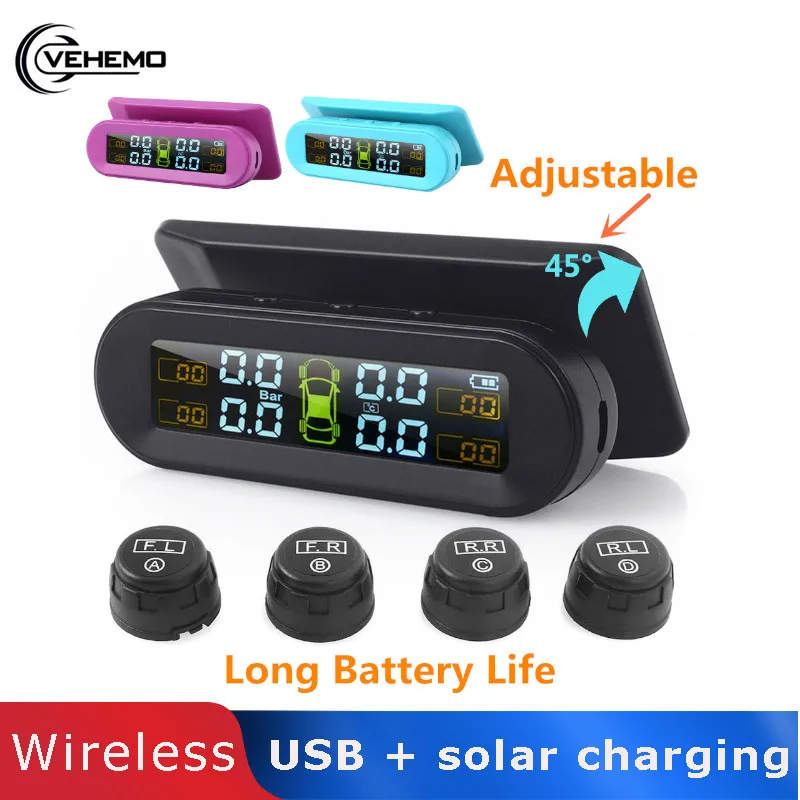 TPMS USB солнечная зарядка 4 внешнего датчика системы контроля давления в шинах Анти-взрыв цифровой аккумуляторной автомобильной сигнализации для Gaug