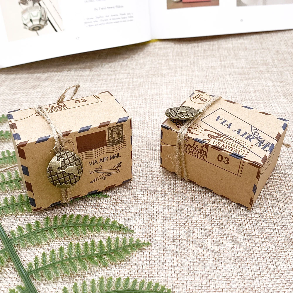 100 шт винтажная Подарочная коробка для конфет из крафт-бумаги, для путешествий, Авиапочта, подарочные коробки, свадебные сувениры, scatole regalo