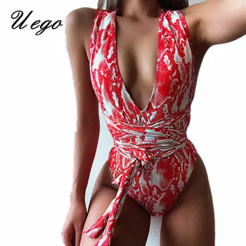 

Uego Mujer Biquini Snake Women Swimwear Sexy Bikini Set V-neck Bandage Lady Beachwear Bathing Suit High Waist One Piece Swimsuit