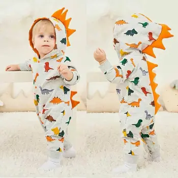 

US Infants Baby Boys Girls Clothes Dinosaur Romper Bodysuit Autumn Winter Hooded Clothes 0-24 months